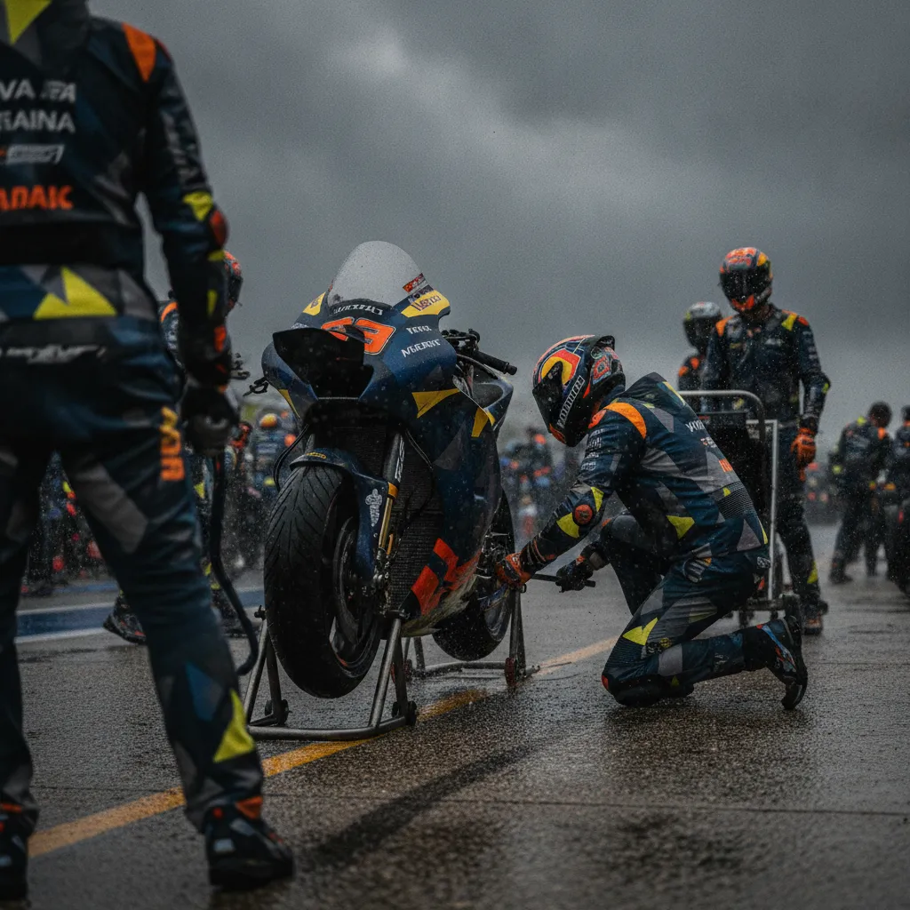 A busy MotoGP pit lane scene during a flag-to-flag race, with mechanics preparing a bike for wet weather.