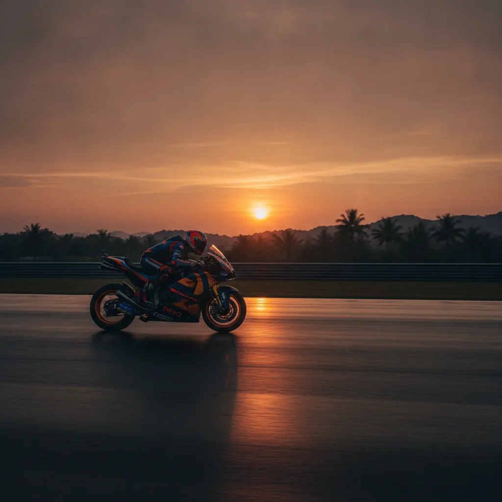 The silhouette of a lone MotoGP bike on the track against a vibrant sunset at an overseas circuit.