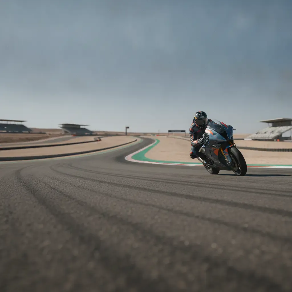 A wide view of a modern and empty racetrack in a sunny, remote location, representing the new Grand Prix in Buenos Aires.