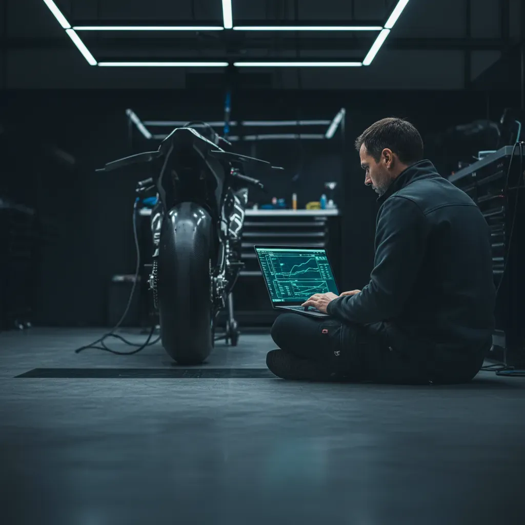 An atmospheric, quiet moment inside a modern MotoGP garage at night. The main subject is a lone engineer in unbranded te