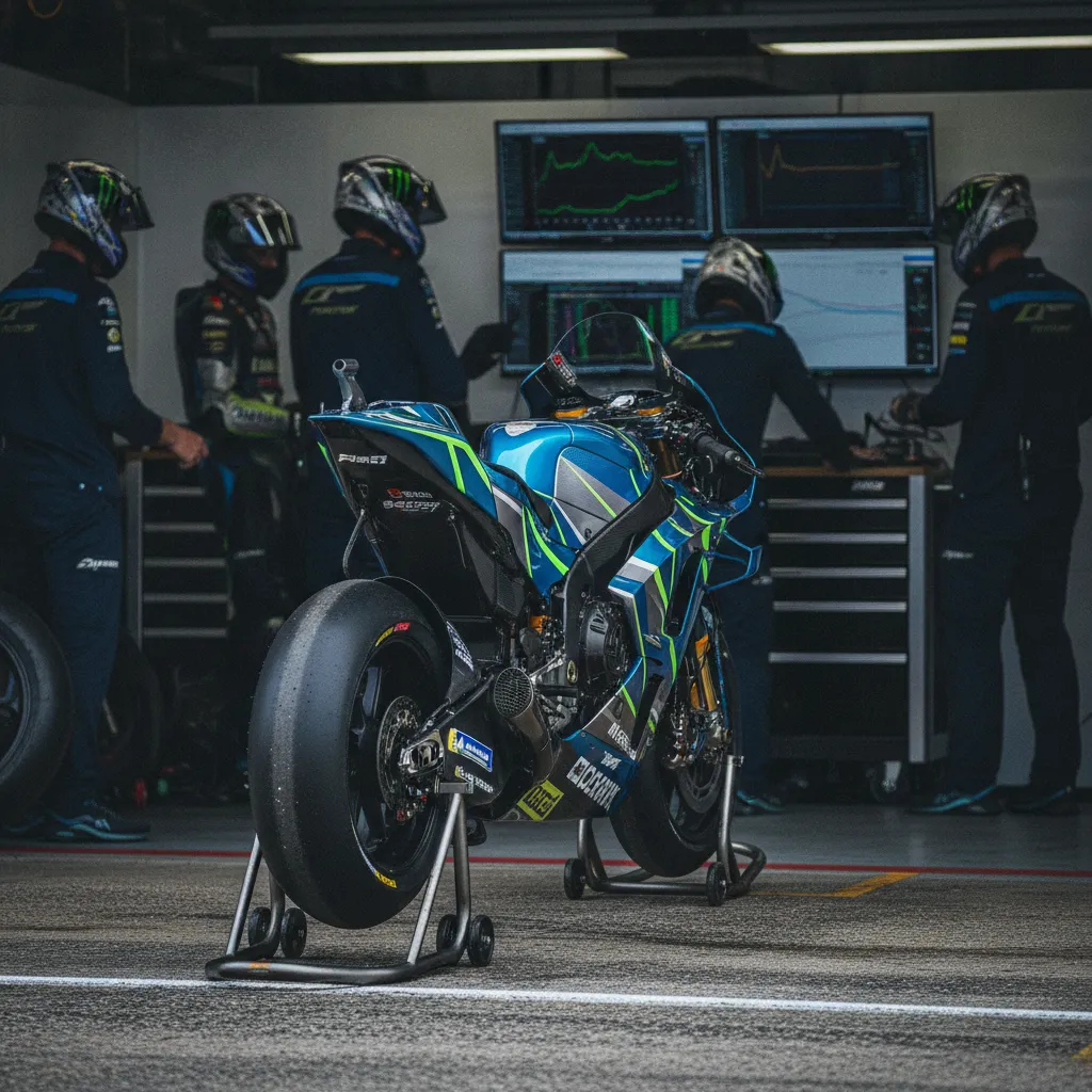 A highly technical MotoGP race bike on a stand inside a brightly lit pit garage, with team members working in the background.