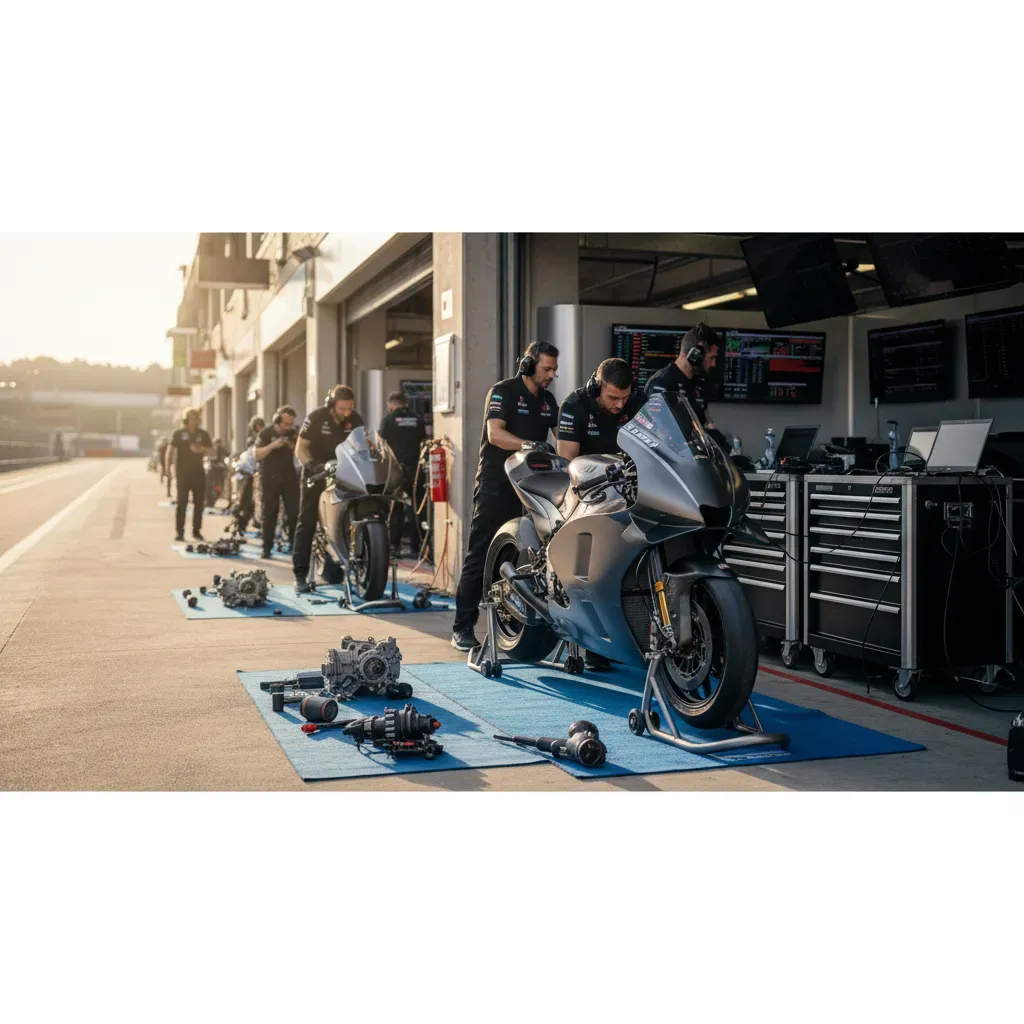 A wide, photorealistic shot of a MotoGP pit lane on a sunny Friday. Mechanics in neutral-coloured uniforms work on a sle