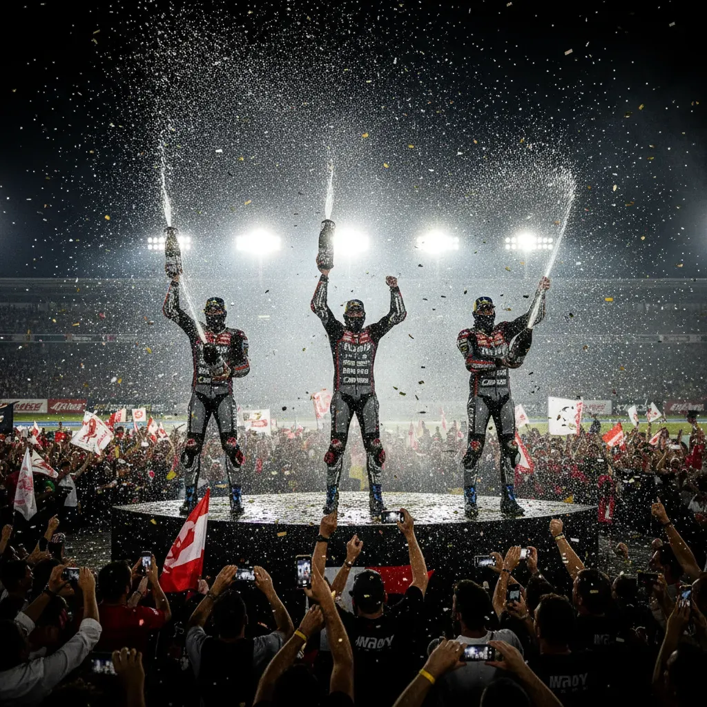 A photorealistic, atmospheric shot of the iconic MotoGP podium celebration. Three anonymous riders in unbranded race sui