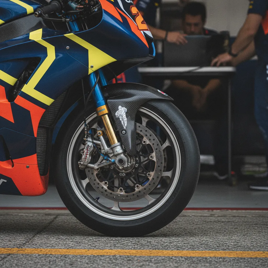 A detailed view of the front wheel and complex suspension of a MotoGP bike inside a team garage.