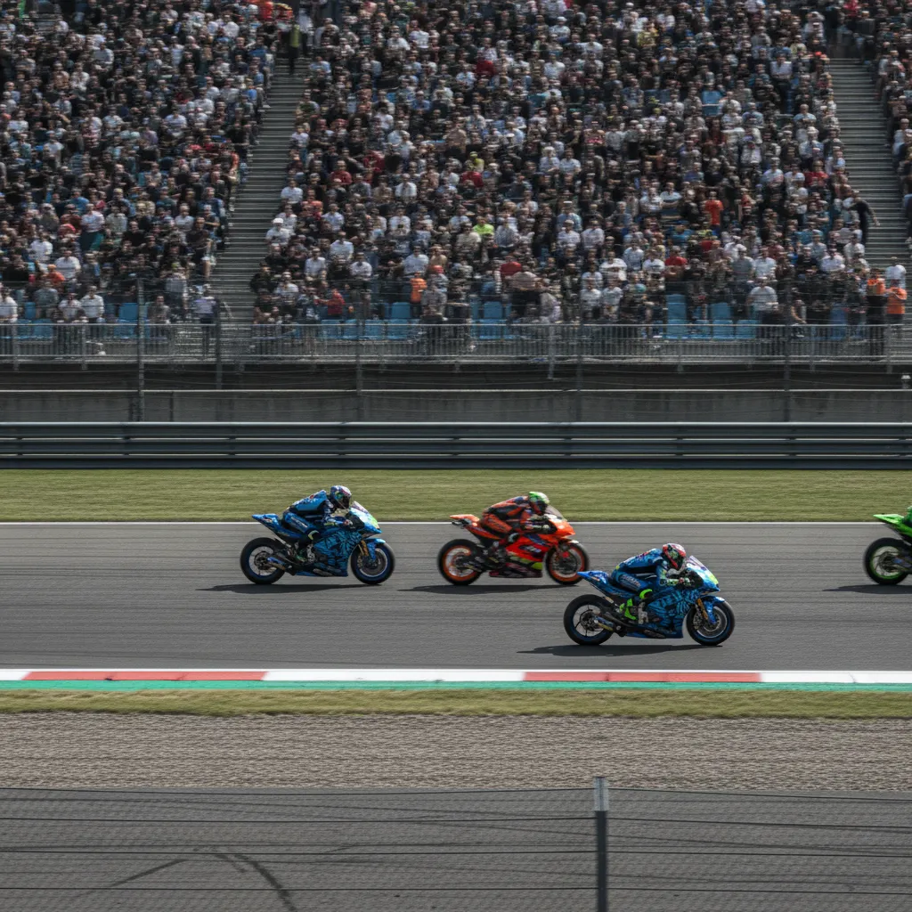 A packed grandstand of spectators watches on as MotoGP bikes speed past on the Assen circuit below.