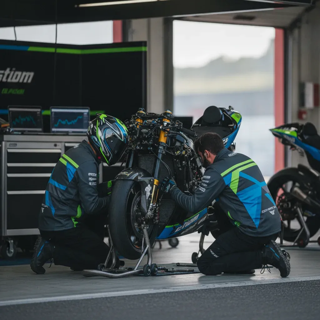 Mechanics work diligently on a MotoGP bike in the pit garage, preparing it for a new circuit.