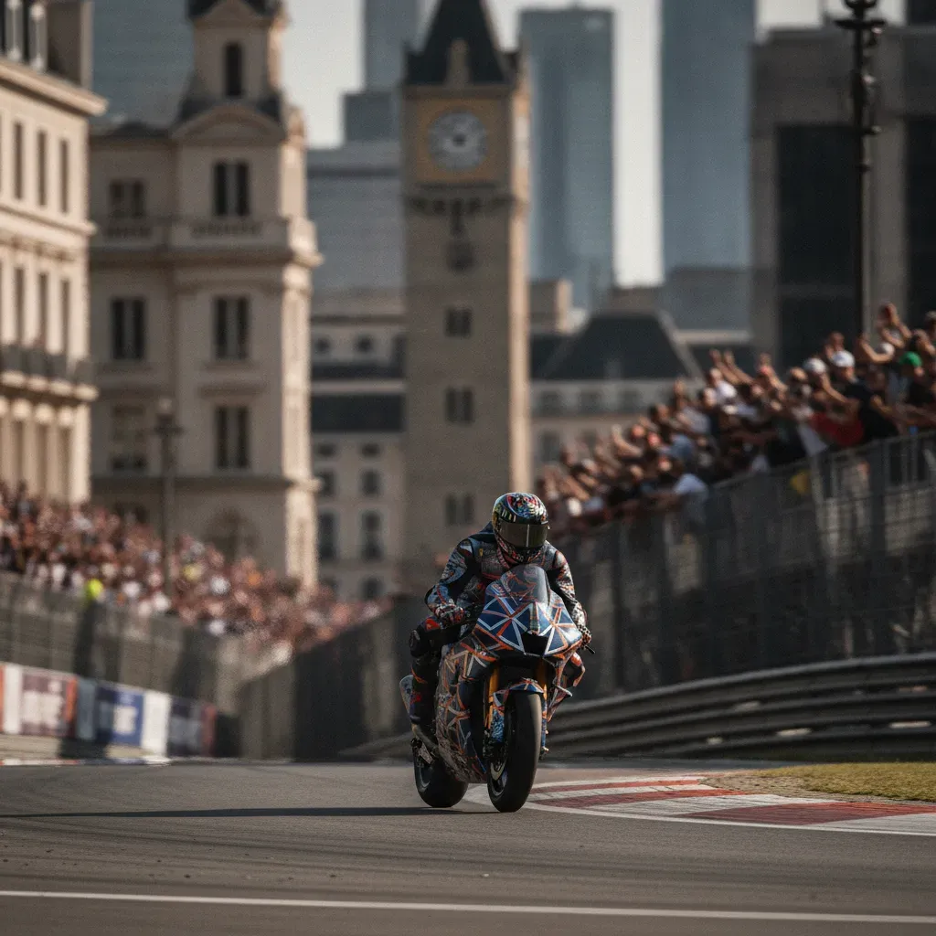 Fans in a grandstand watch a MotoGP race on a new street circuit built within a city.