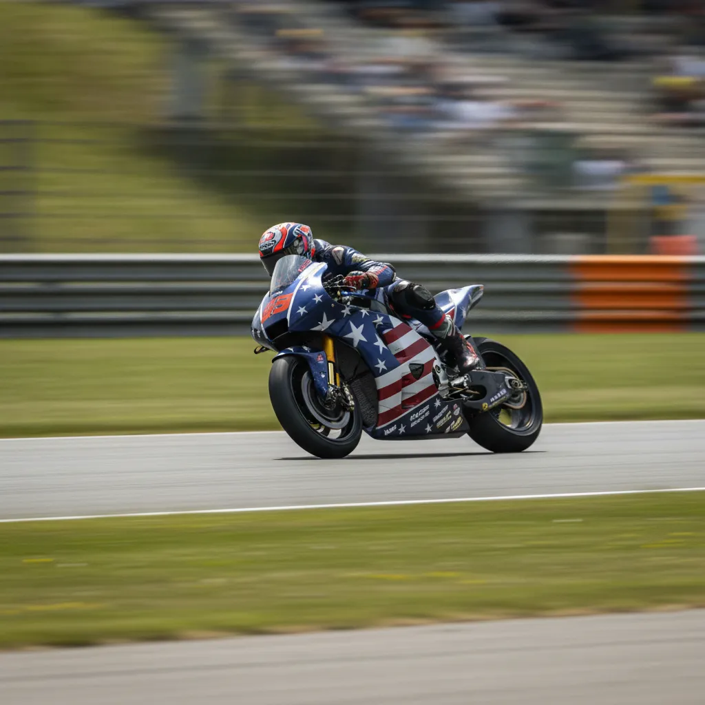 The Trackhouse Aprilia MotoGP bike at speed, leaning through a corner on a race track.