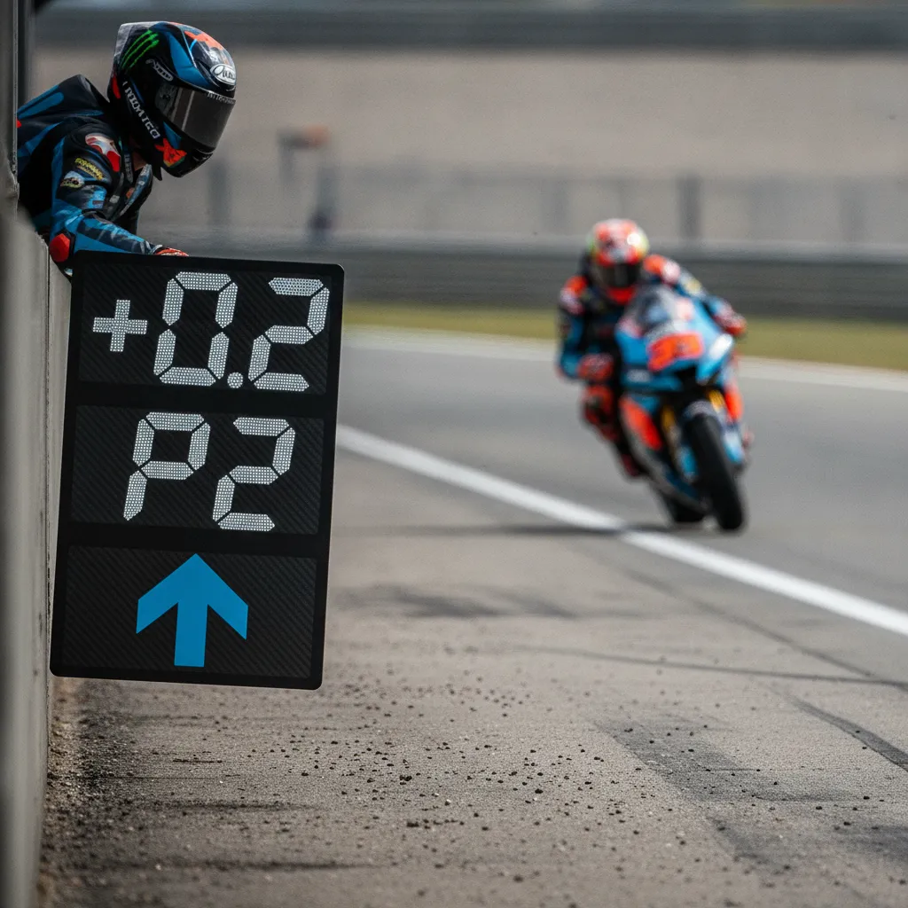 A MotoGP pit board displaying race information to a rider from the pit wall.