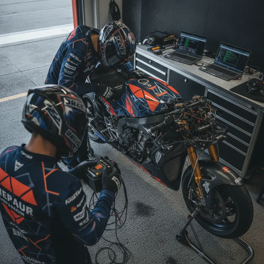 Mechanics work on a Trackhouse Aprilia bike inside the team's garage during a race weekend.