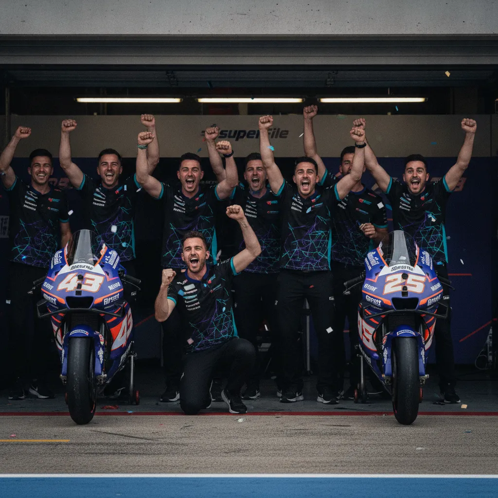 The SuperFile Trackhouse MotoGP Team celebrates wildly in their pit garage during the Dutch Grand Prix.