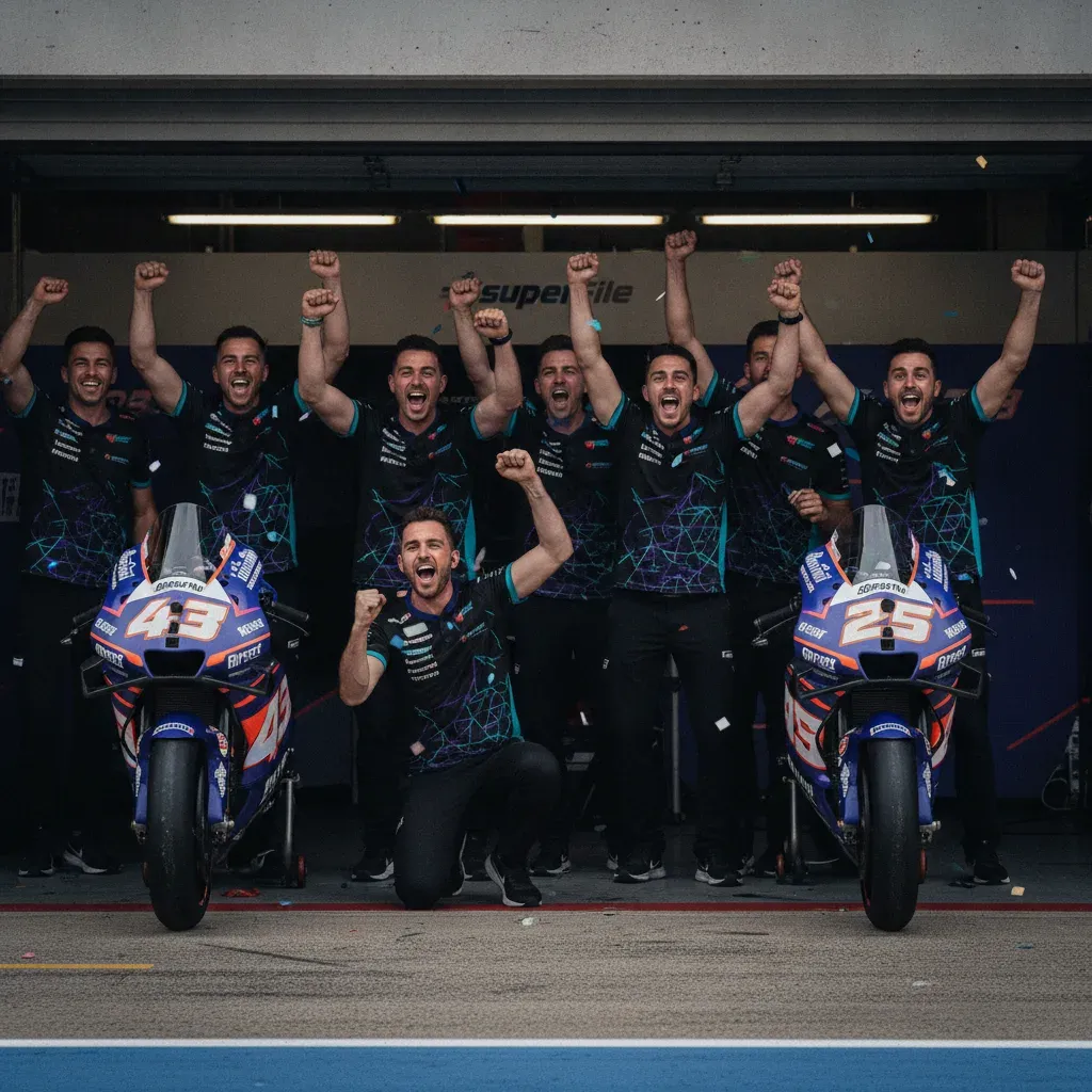 The SuperFile Trackhouse MotoGP Team celebrates wildly in their pit garage during the Dutch Grand Prix.