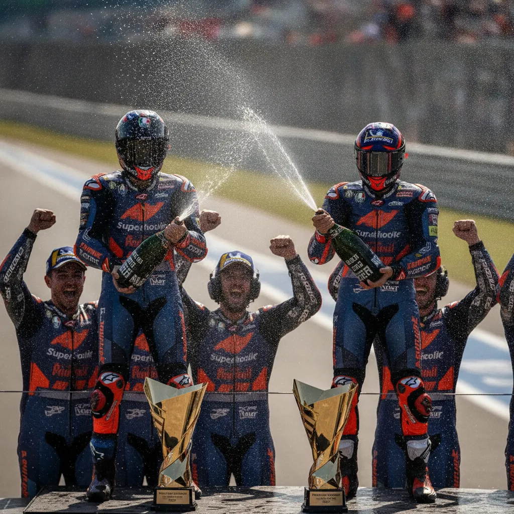 Teammates Ai Ogura and Raul Fernandez celebrate their one-two finish on the podium at Assen.