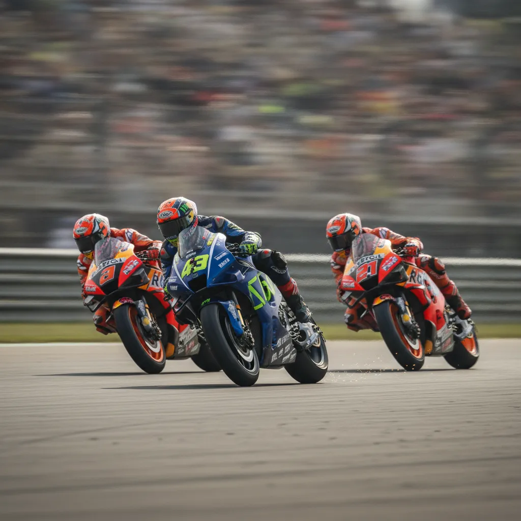 Three MotoGP bikes in different coloured liveries race closely together through a fast corner in front of a blurred grandstand.