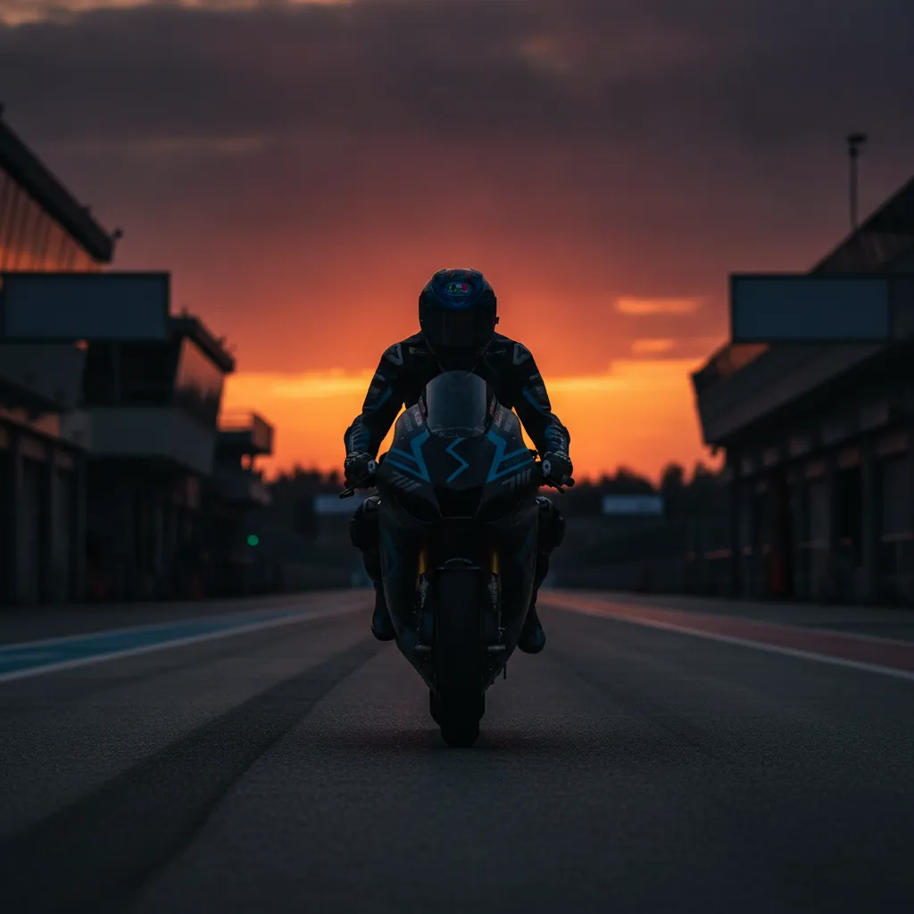 A lone MotoGP race bike sits silhouetted in a pit lane against the dramatic colours of a setting sun.