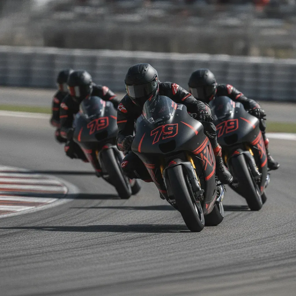 Three MotoGP riders racing closely together through a corner, highlighting the fierce competition in the championship.