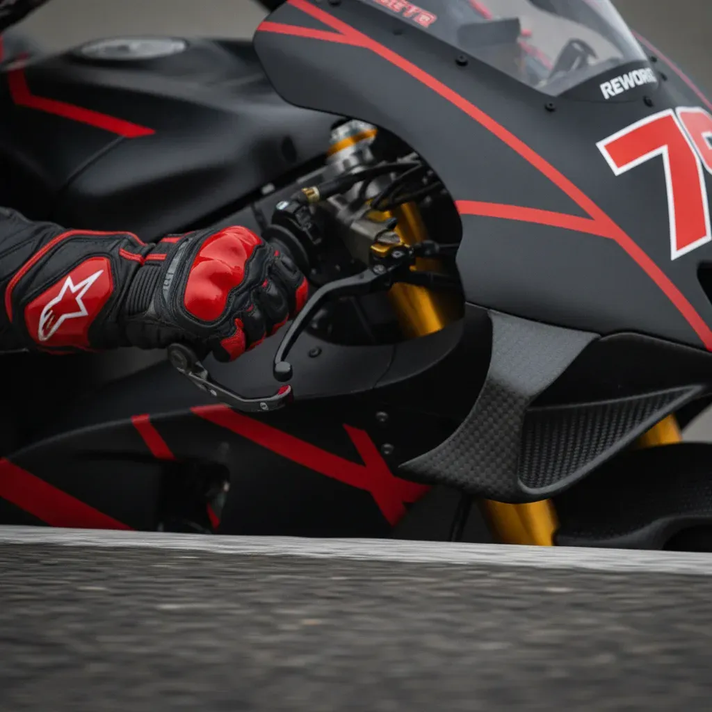 A close-up of a rider's protective racing glove resting on the handlebars of a MotoGP motorcycle.