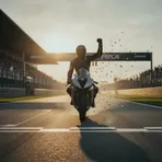 A MotoGP rider celebrates securing pole position after a qualifying lap.