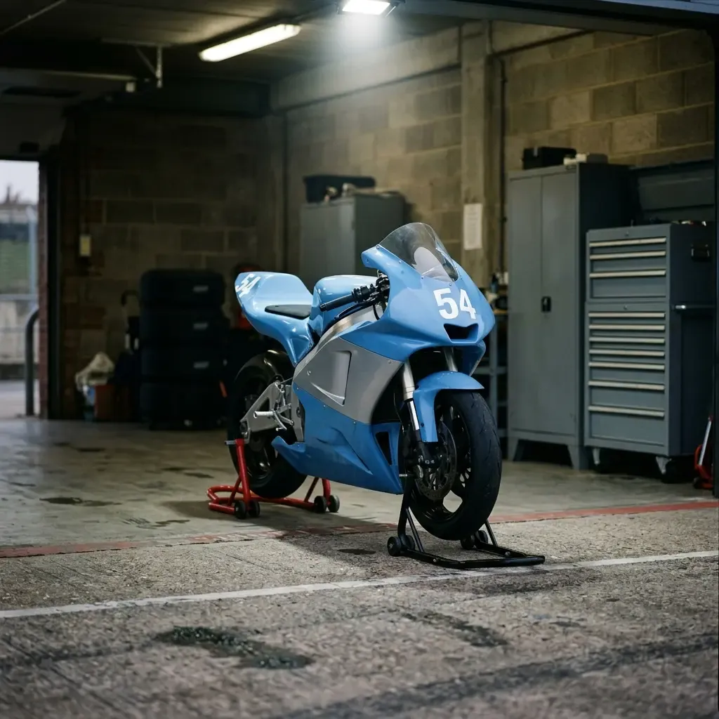Illustration for our rider surgery story: a racing motorcycle rests quietly in a garage bay