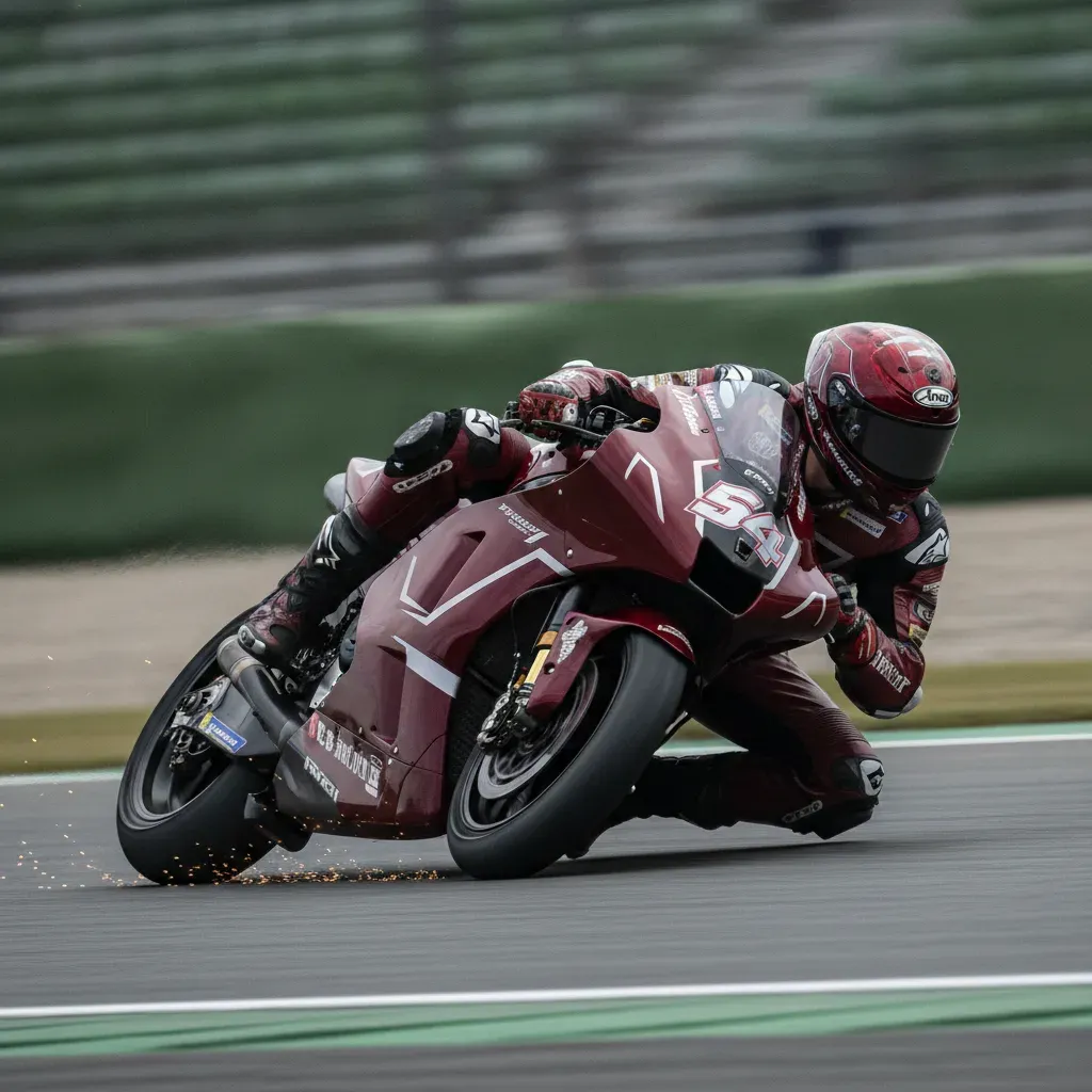 A MotoGP rider leaning low into a corner at the Motegi circuit, demonstrating the physical demands of racing.