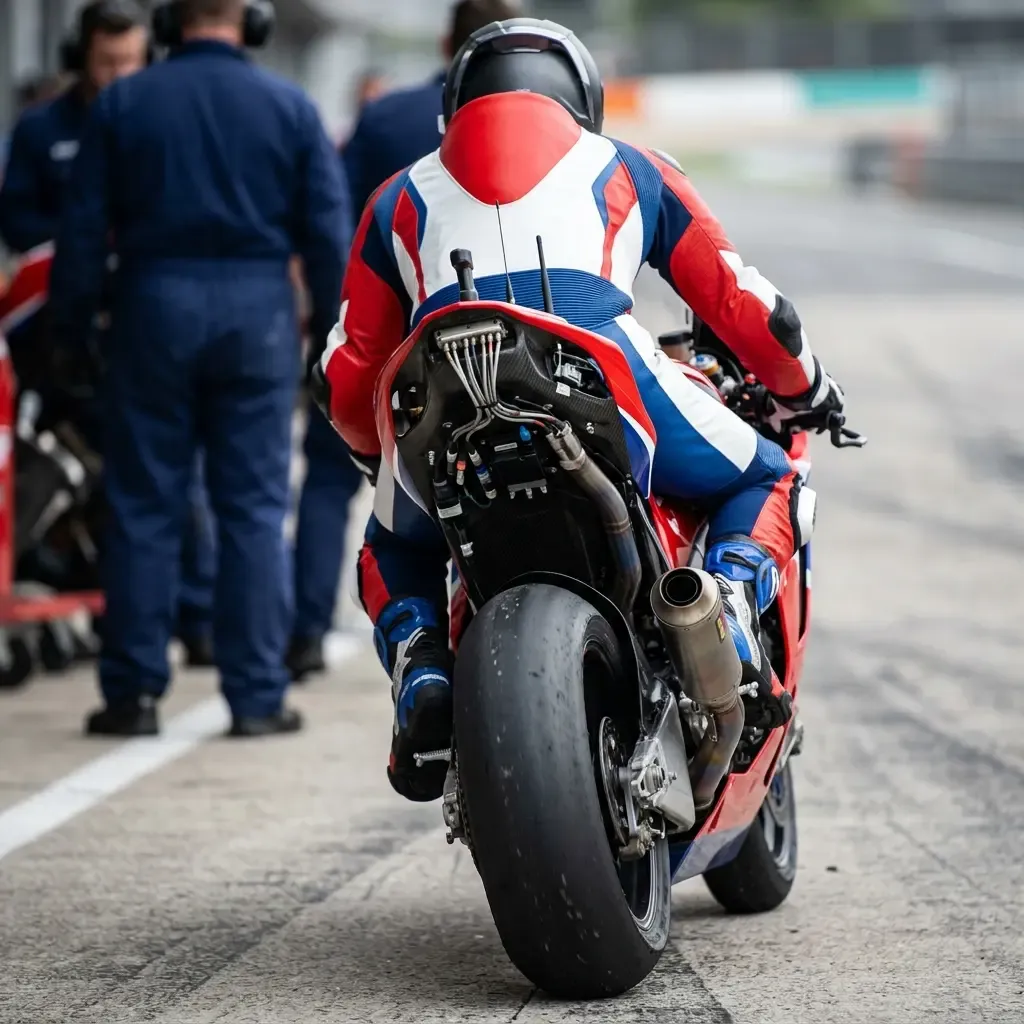 Illustration for our Honda story: the rear of a MotoGP bike showing its technical components as it leaves the pit lane.