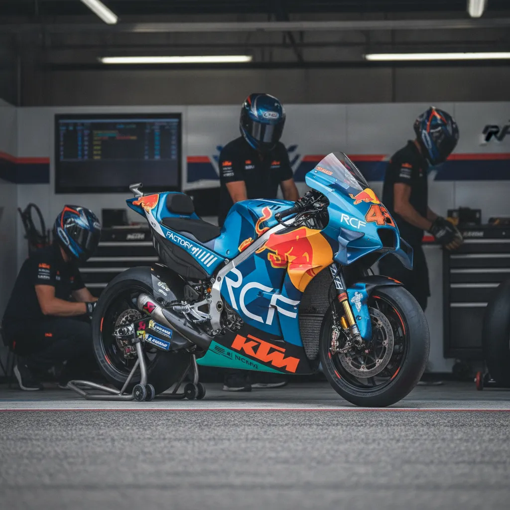 The Red Bull KTM Factory Racing bike at speed on a MotoGP circuit.