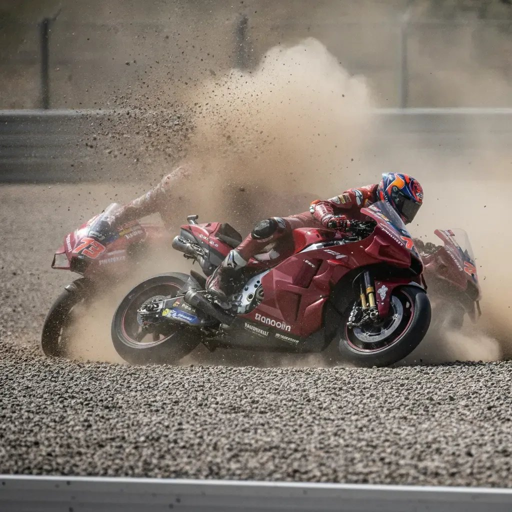 Illustration for our Japanese GP Sprint story: several MotoGP bikes in a gravel trap after a crash.