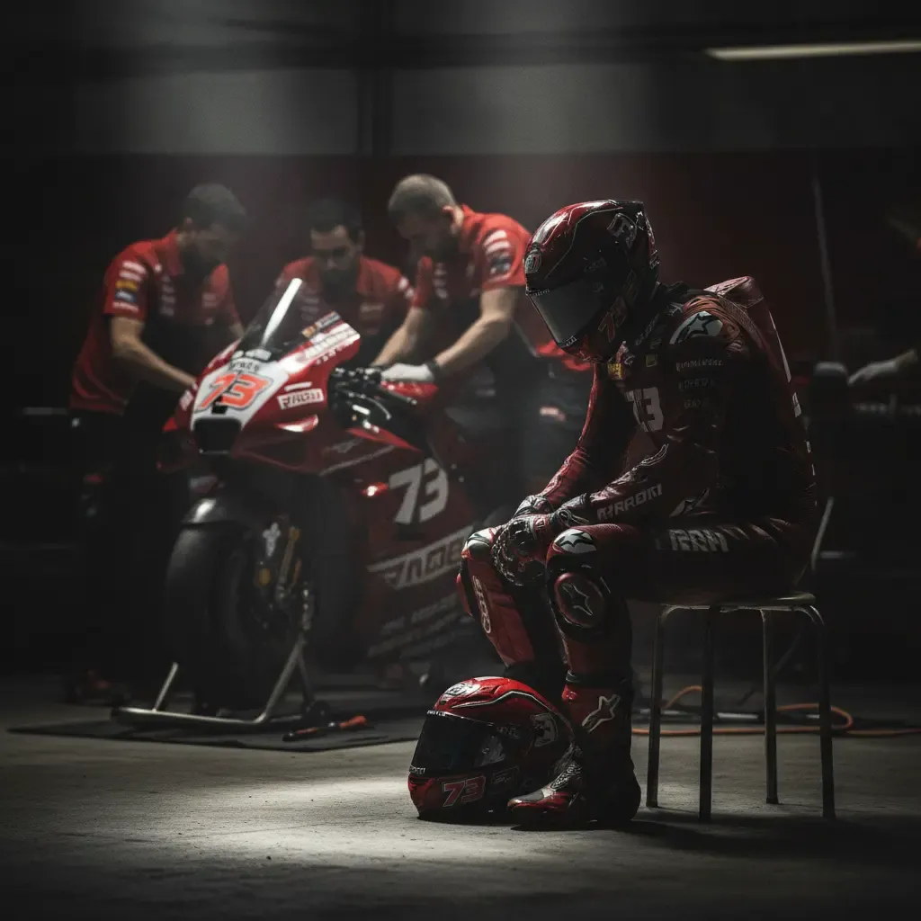 Illustration for our Japanese GP Sprint story: a dejected-looking rider sitting in their pit garage.