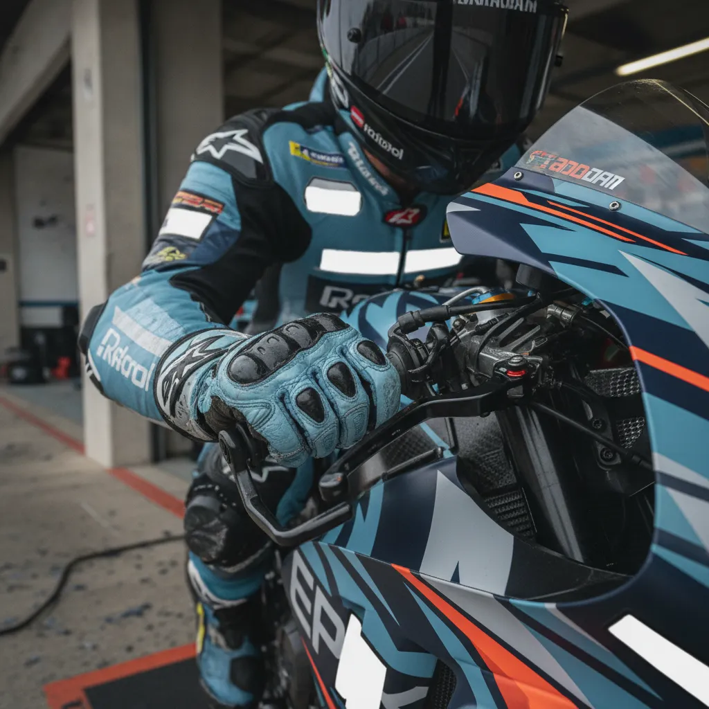 A light blue MotoGP race bike stands in a pit garage while mechanics work nearby.