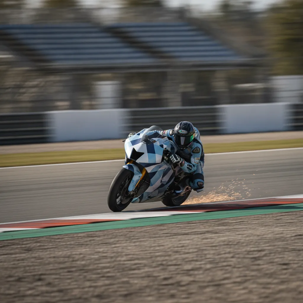 A lone MotoGP rider guides their light blue motorcycle through a fast corner on a wide race track.