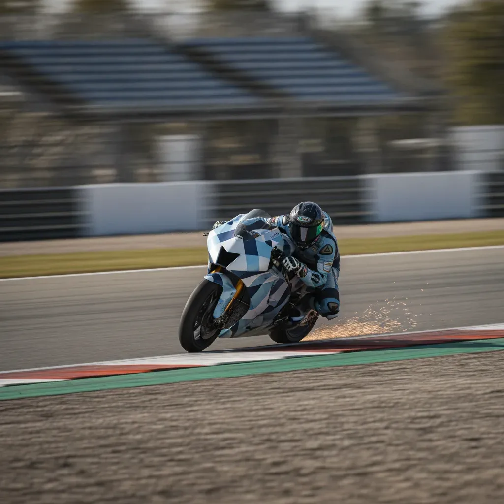A lone MotoGP rider guides their light blue motorcycle through a fast corner on a wide race track.