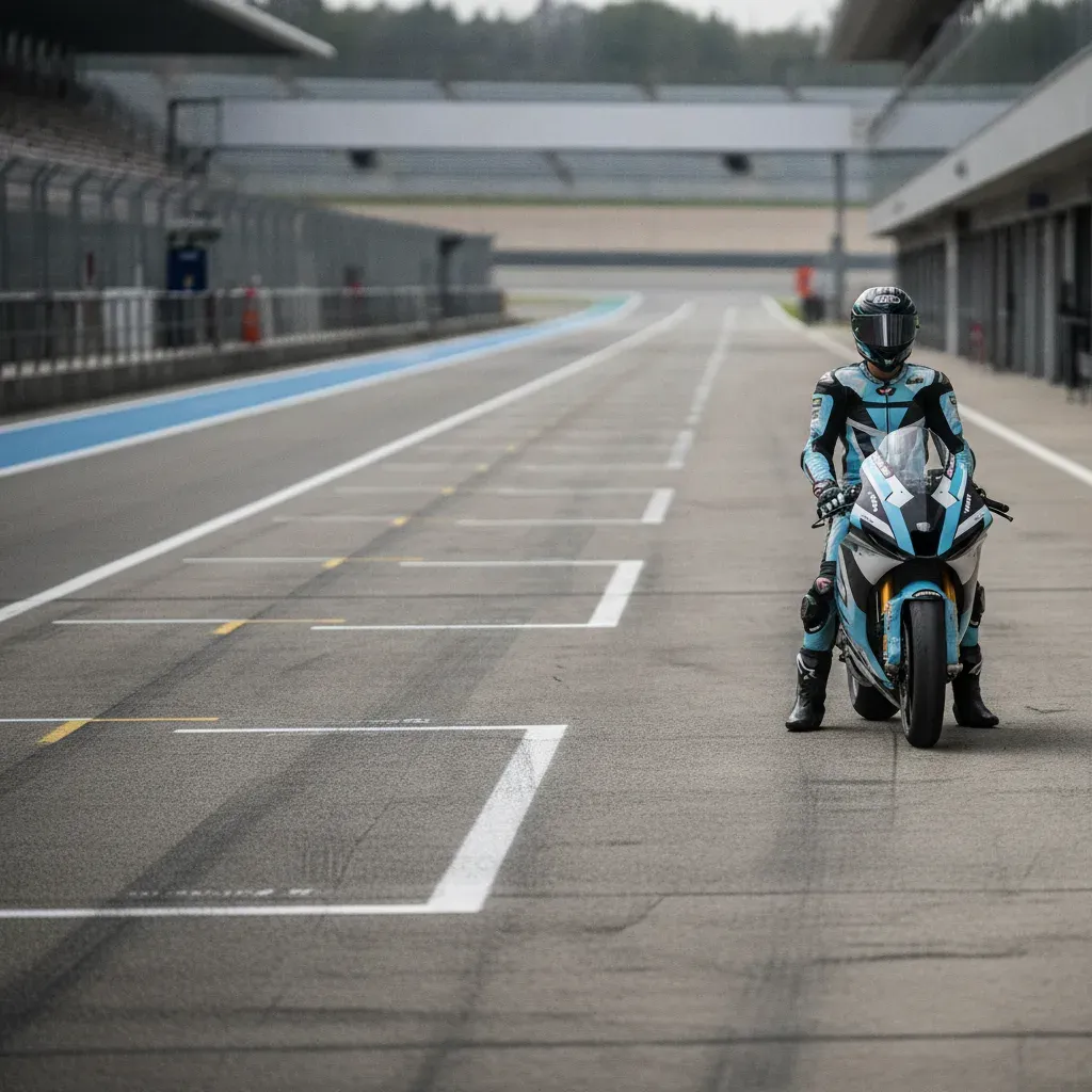 A rider in light blue leathers sits on his MotoGP bike in the pit lane, looking ahead.