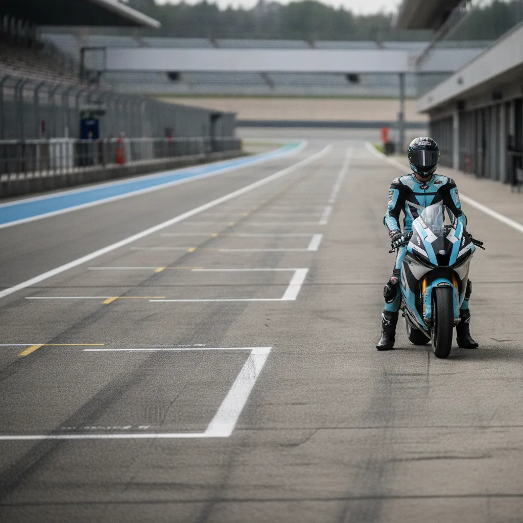 A rider in light blue leathers sits on his MotoGP bike in the pit lane, looking ahead.