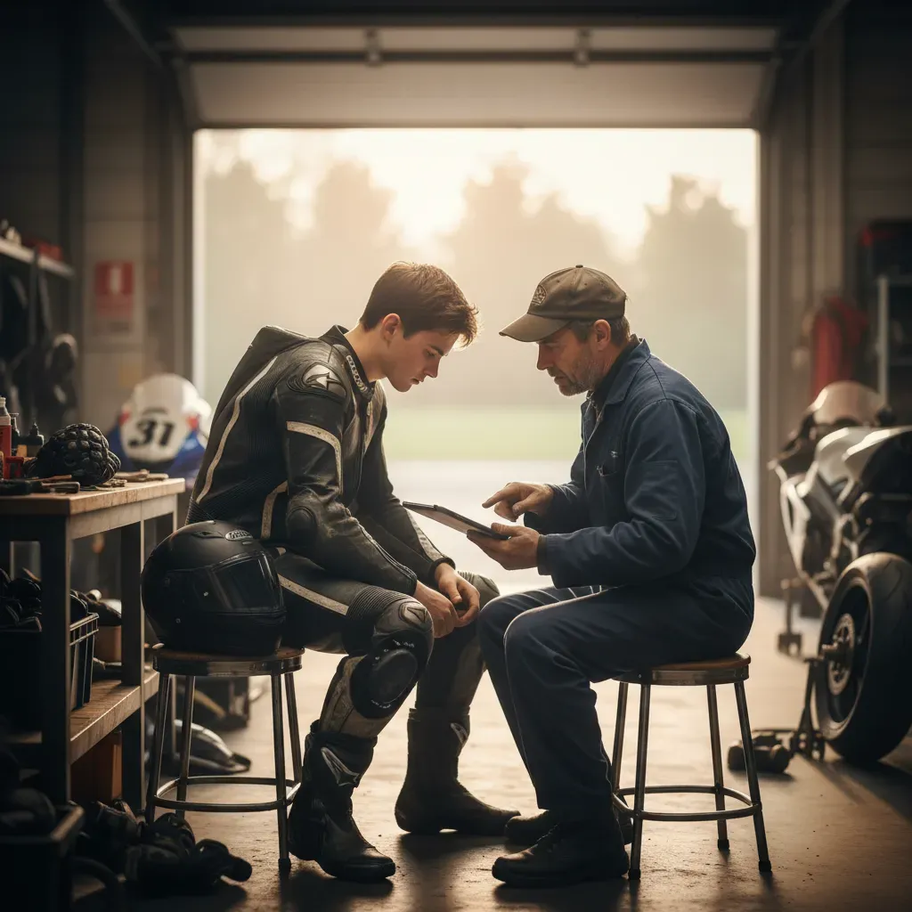 A candid, atmospheric shot from within a dimly lit racing garage. A young, determined rider in plain leathers sits on a