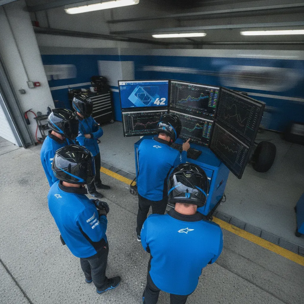 The Monster Energy Yamaha team monitoring data from the pit wall garage during a Grand Prix.