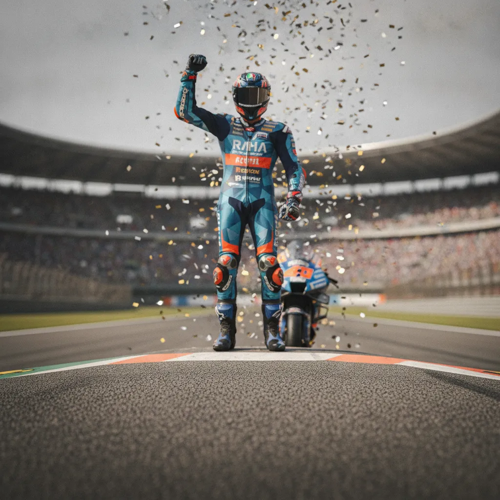 An Aprilia rider celebrates a victory on the podium at the Mugello circuit.