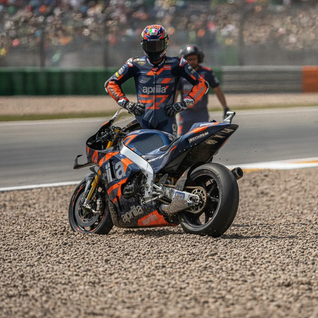 An Aprilia MotoGP race bike sits in a gravel trap after a crash during a race.