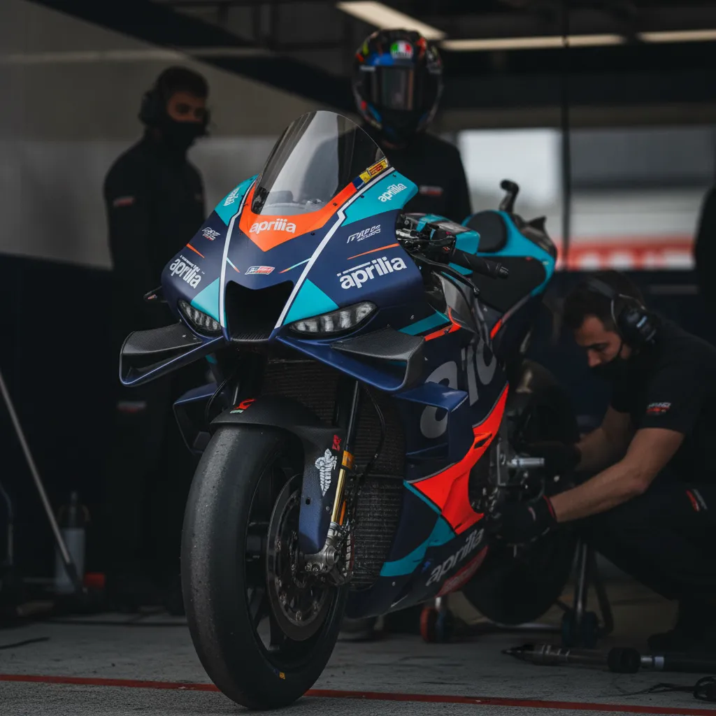 A close-up view of the complex aerodynamics on the front of an Aprilia factory MotoGP bike.