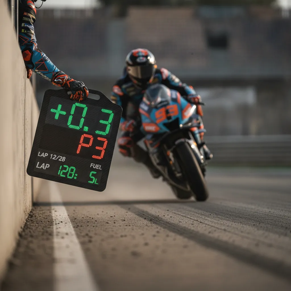 A MotoGP pit board displaying race information to a rider from the pit wall.
