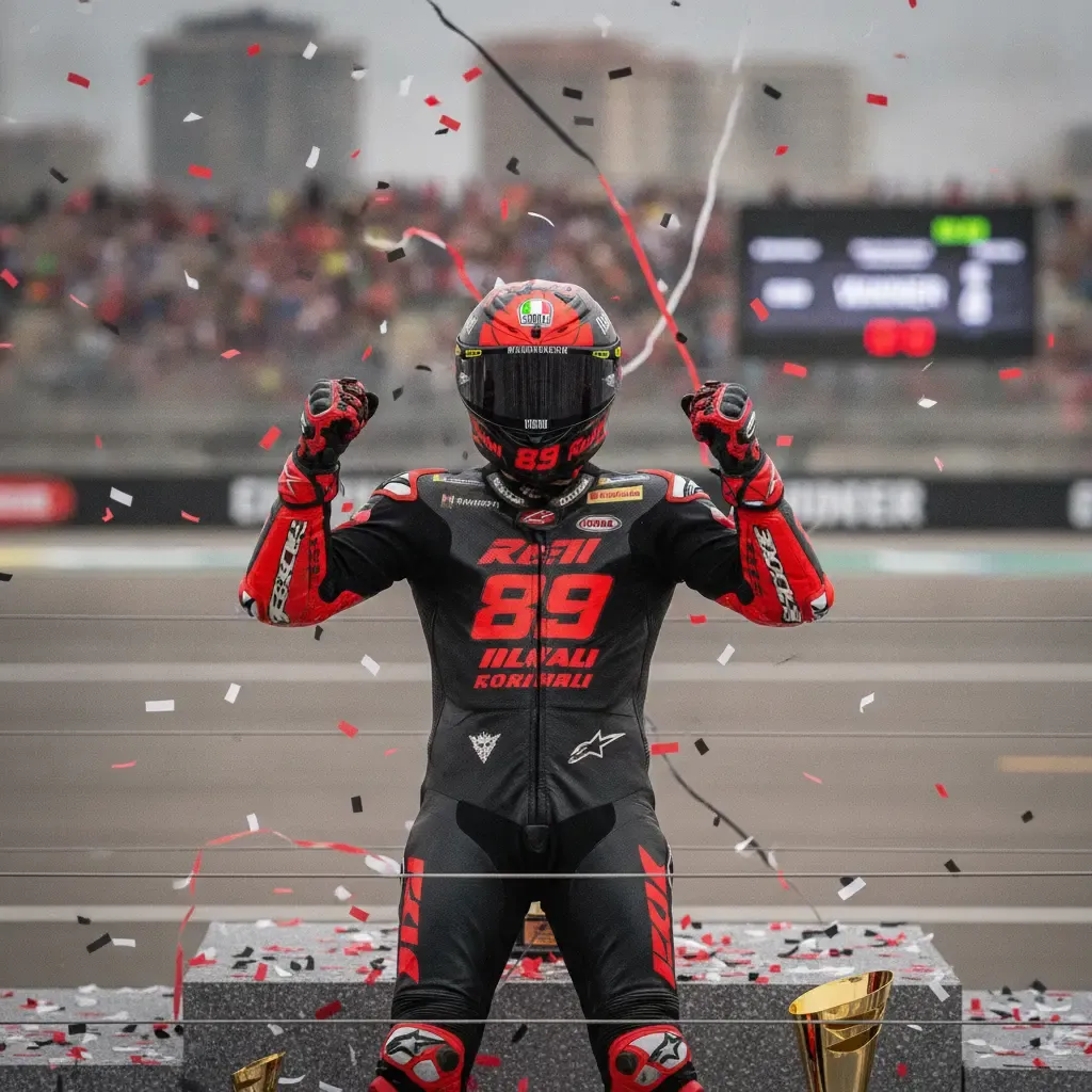Marco Bezzecchi celebrating a victory on the MotoGP podium, reinforcing his status as a title contender.