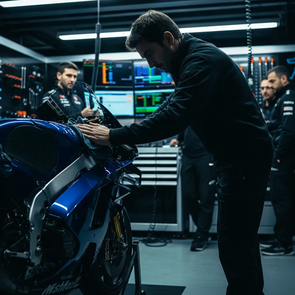 Inside a brightly lit MotoGP garage at night. An anonymous mechanic in unbranded black team overalls carefully polishes