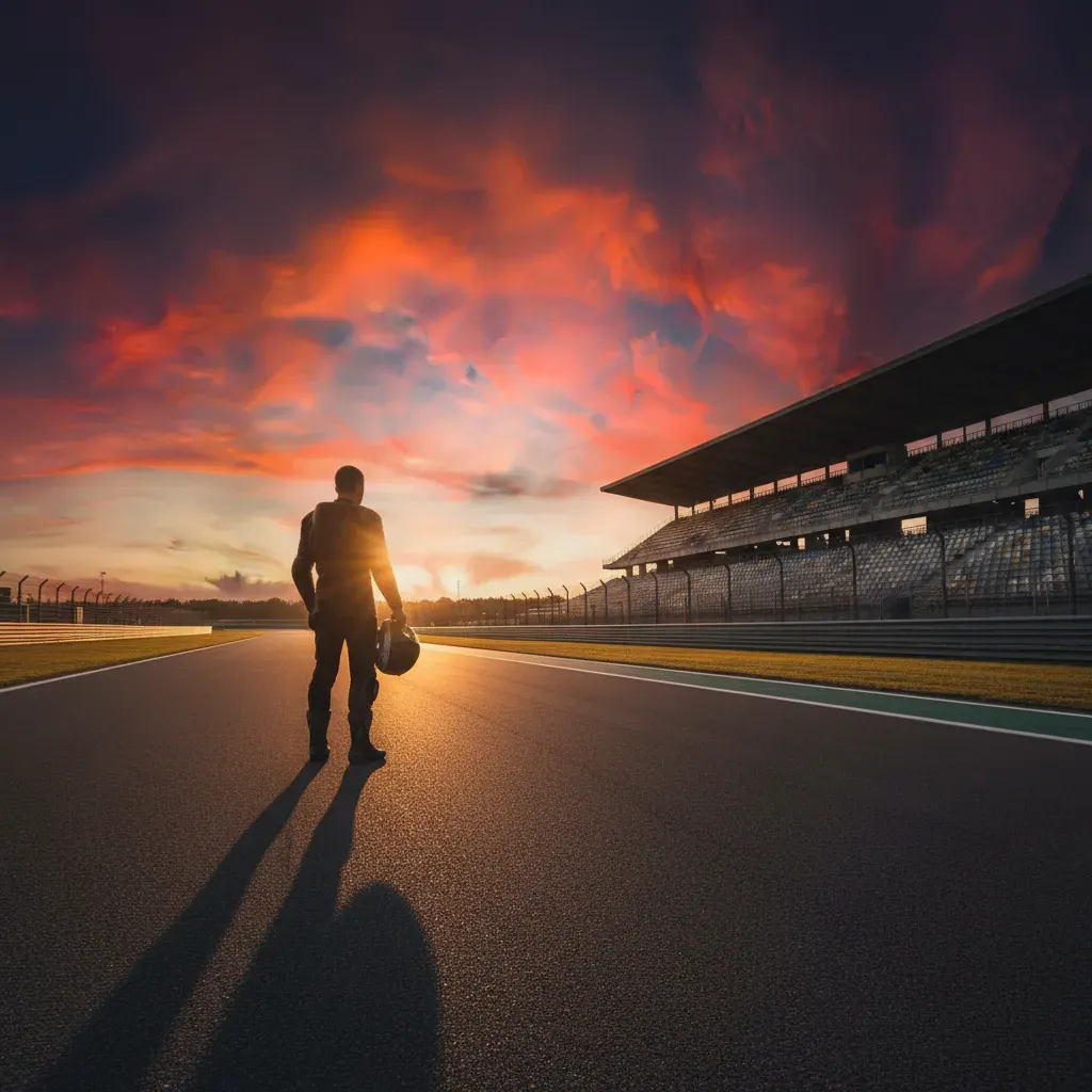 A lone, anonymous rider in plain black racing leathers stands at the edge of the circuit as the sun sets, casting a long