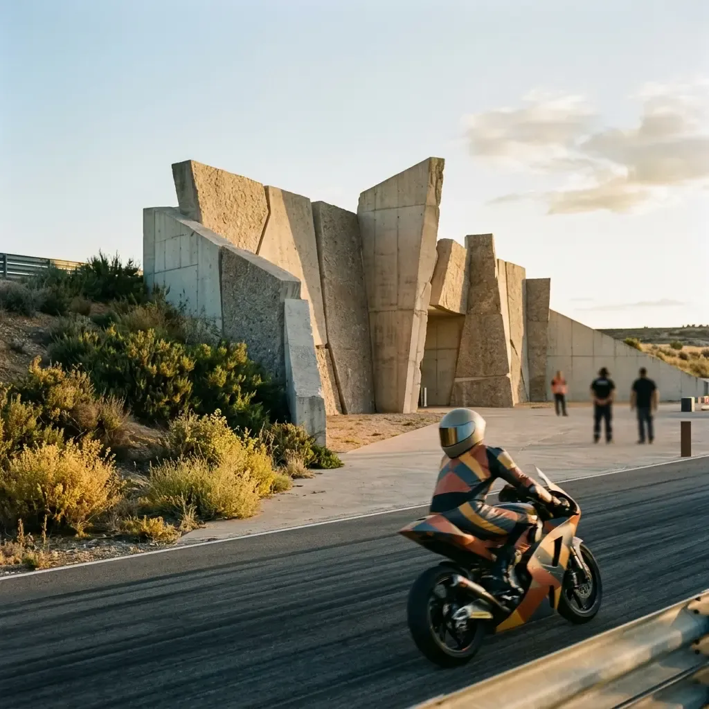 An atmospheric shot of the distinctive stone wall feature designed by sculptor Juan Ripollés at the entrance to the Moto