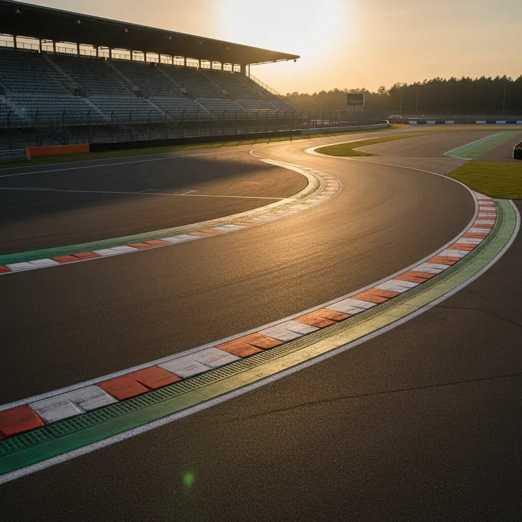 A quiet, atmospheric shot of the empty Geert Timmer chicane at sunset. The low, golden sun casts long shadows across the