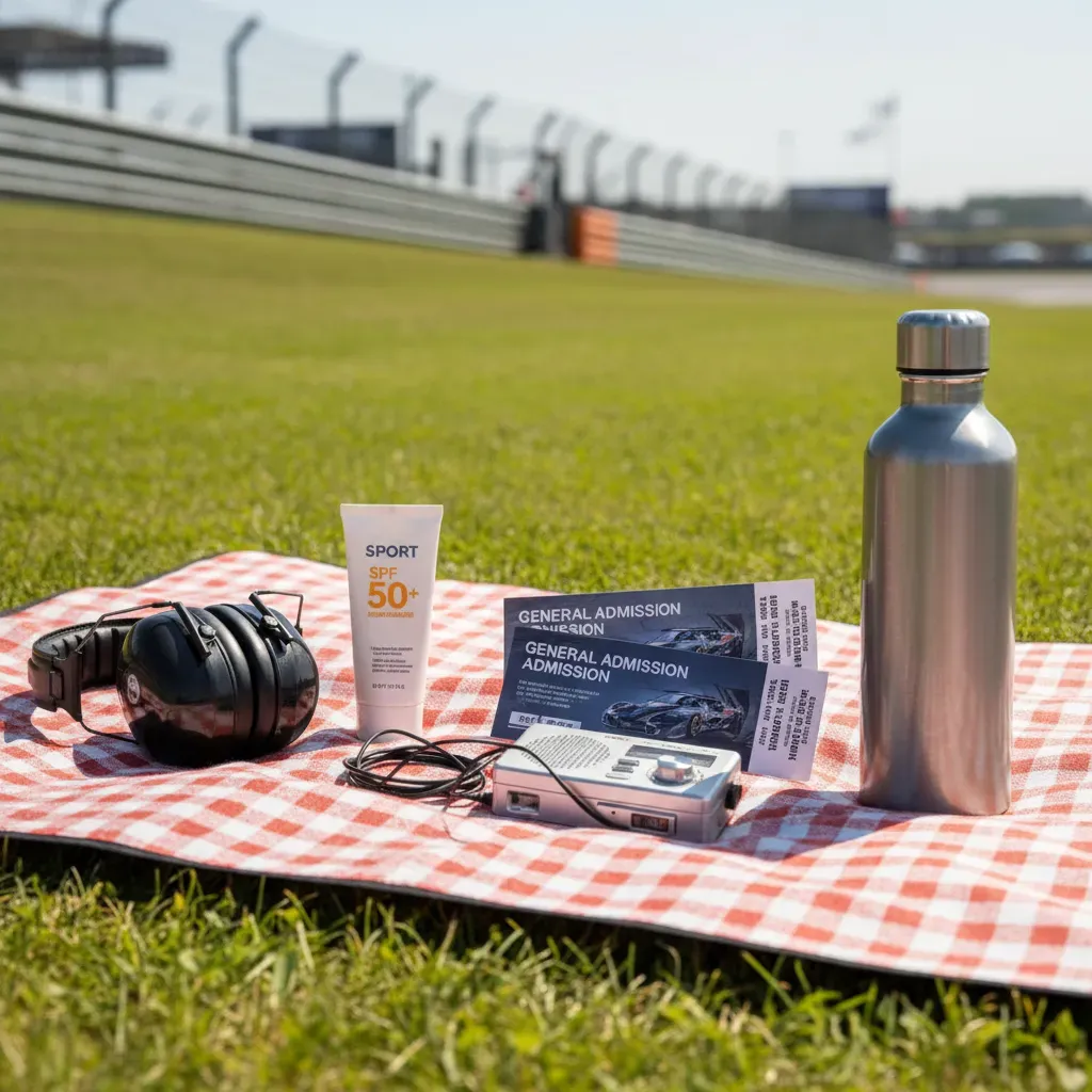 A detailed flat-lay photograph of essential fan items arranged neatly on a chequered picnic blanket on a grassy bank, si