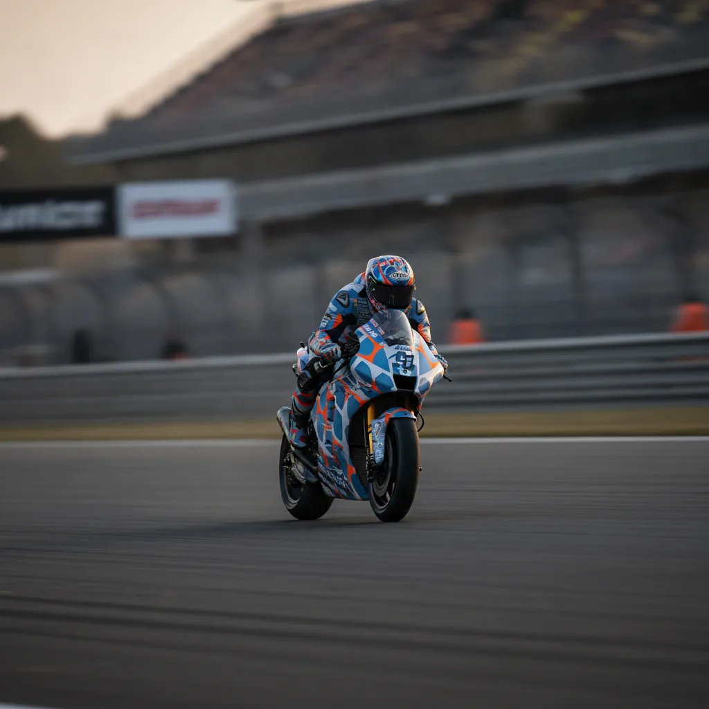 A test rider on a Yamaha MotoGP bike at speed during a practice session at Silverstone.