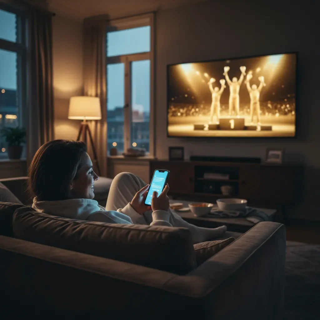 An atmospheric shot in a living room as evening falls. The race has just finished. The TV in the background shows a soft
