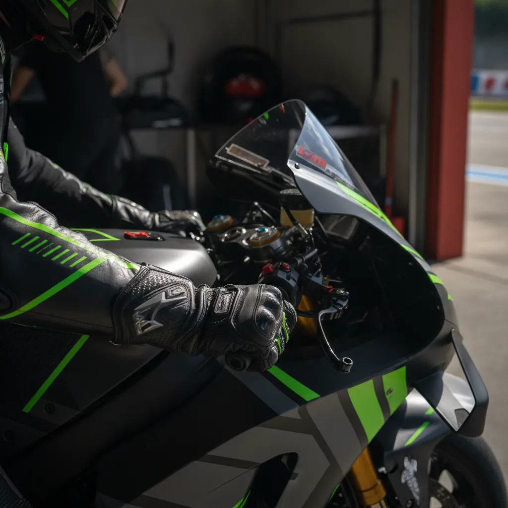 A close-up view of a MotoGP rider's gloved hands resting on the complex controls of the motorcycle's handlebars inside a pit garage.
