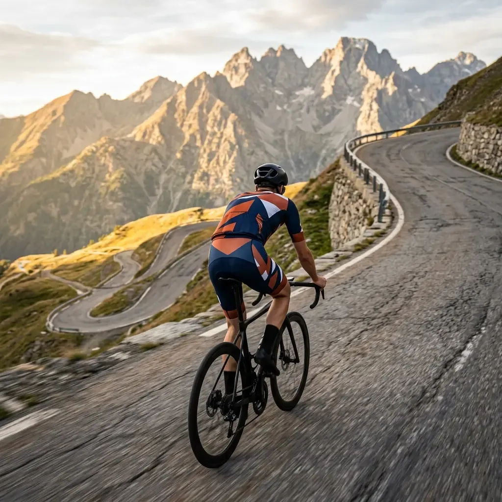 A fit cyclist wearing unbranded gear rides up a steep, winding road in a mountainous landscape, representing off-track training.