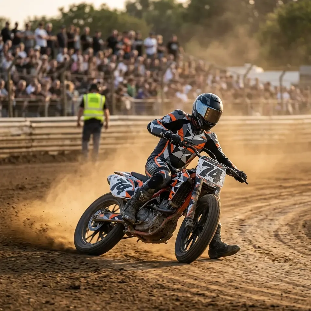 A motocross rider in orange and black gear leans hard into a dirt corner, kicking up a spray of earth, showcasing a common training discipline.